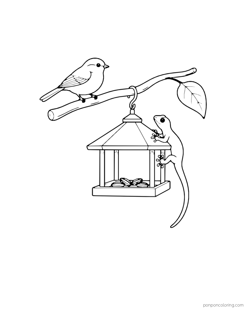 A gecko clings to a hanging bird feeder below a small bird on a short branch.