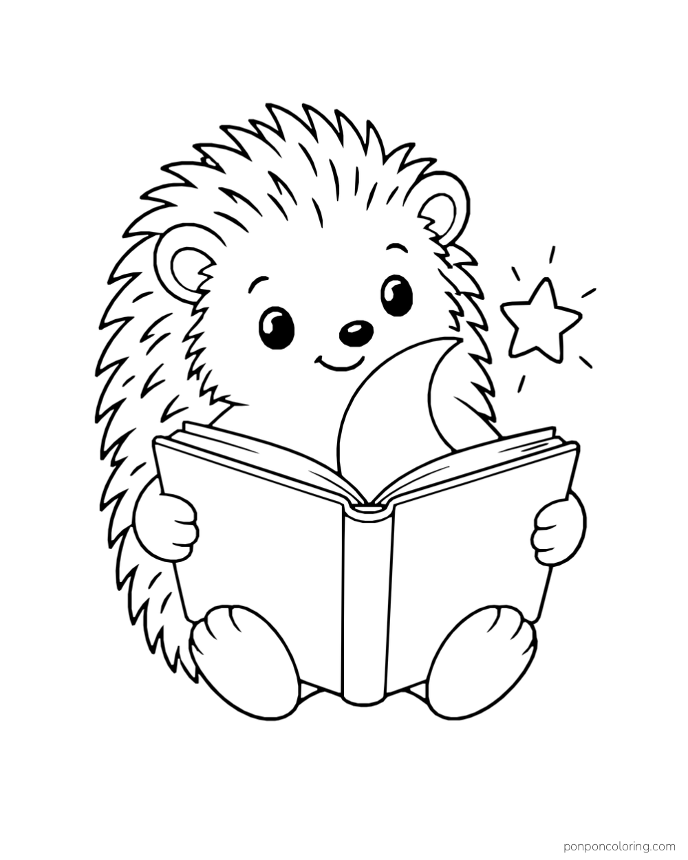 A hedgehog reading an open book with a star floating beside it.