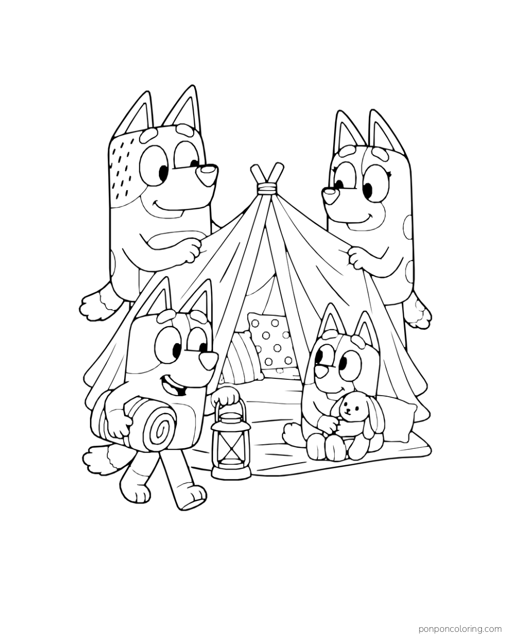Bandit and Chilli hold a tent while Bluey carries a rolled blanket and Bingo sits beside a lantern with a toy bunny.