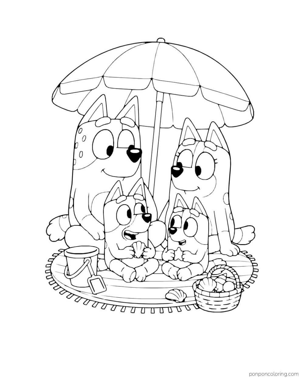 The Heeler family sits under a beach umbrella with shells, a bucket, and a basket on a round mat.