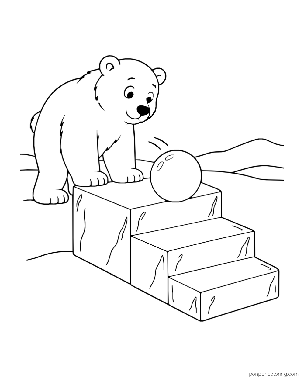 A polar bear watches a ball at the top of a set of ice steps.