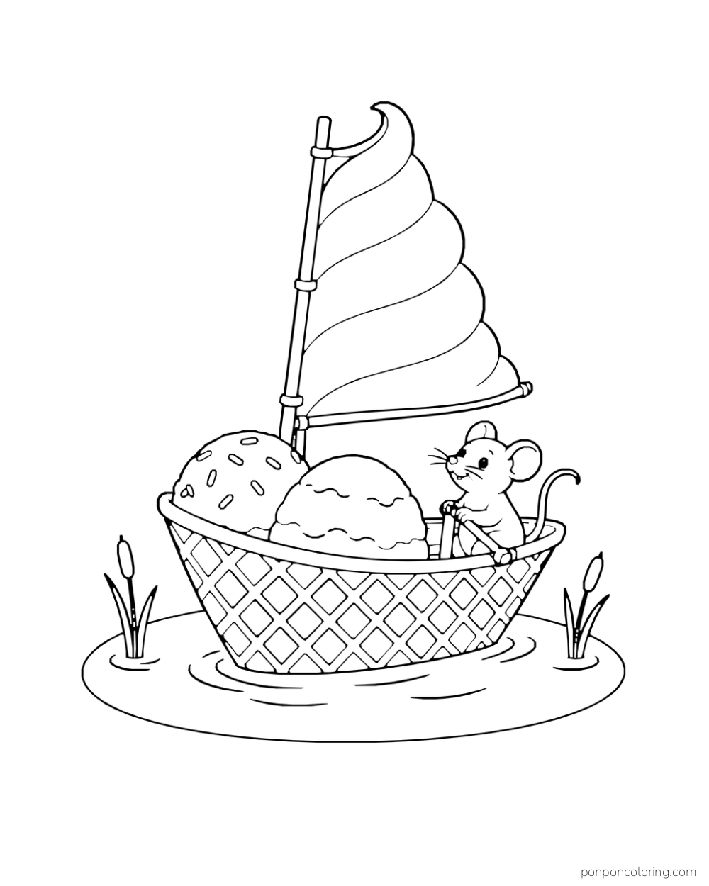 A mouse steers a fantasy cone-shaped sailboat with a soft-serve sail and two scoops on an oval pond.
