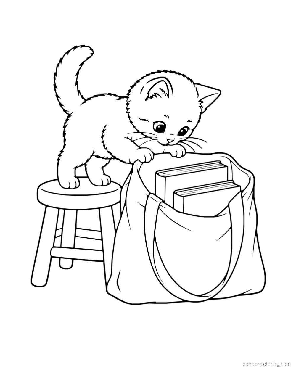 A kitten standing on a stool and peeking into a tote bag with books inside.
