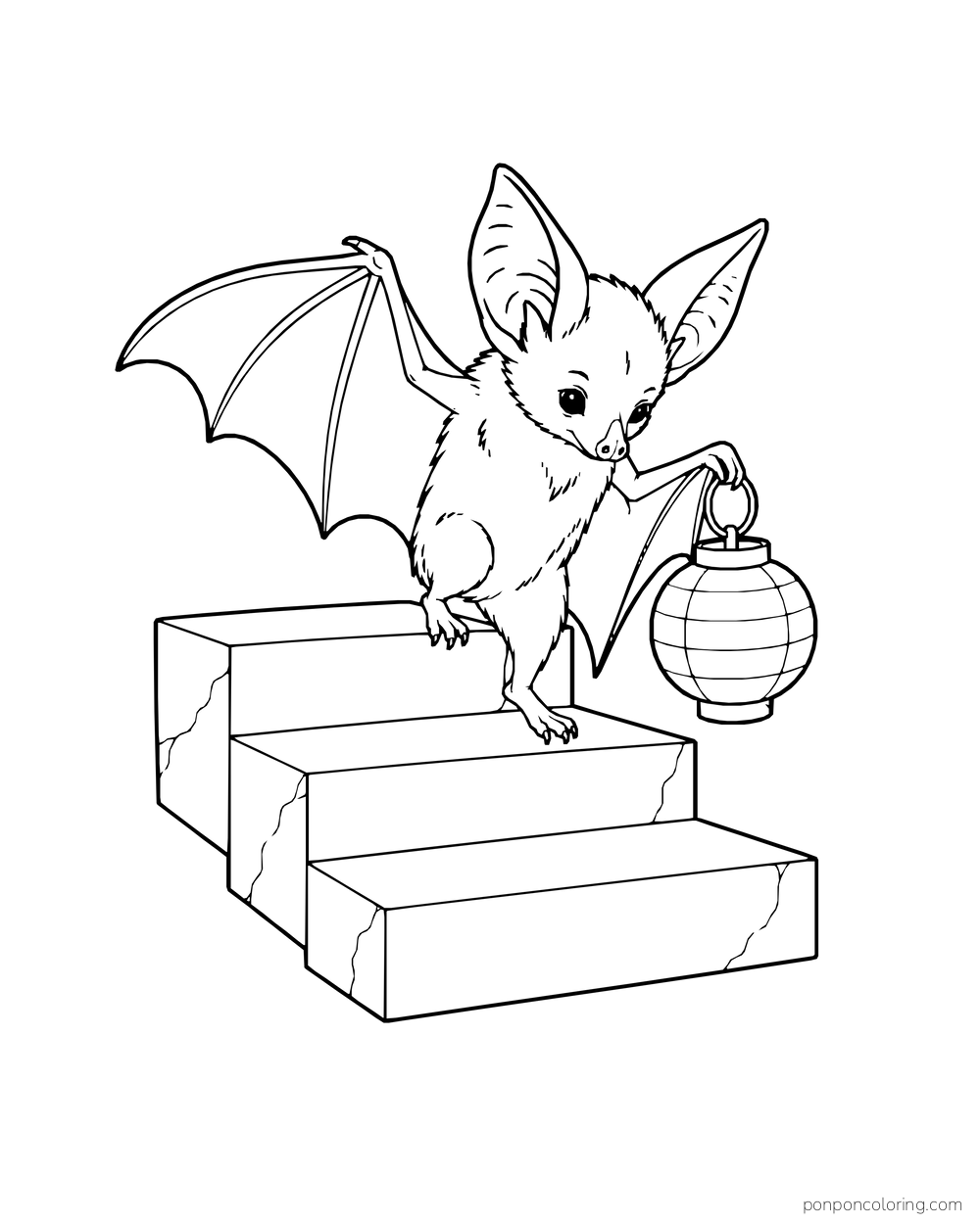 A little bat carries a round lantern down three stone steps.