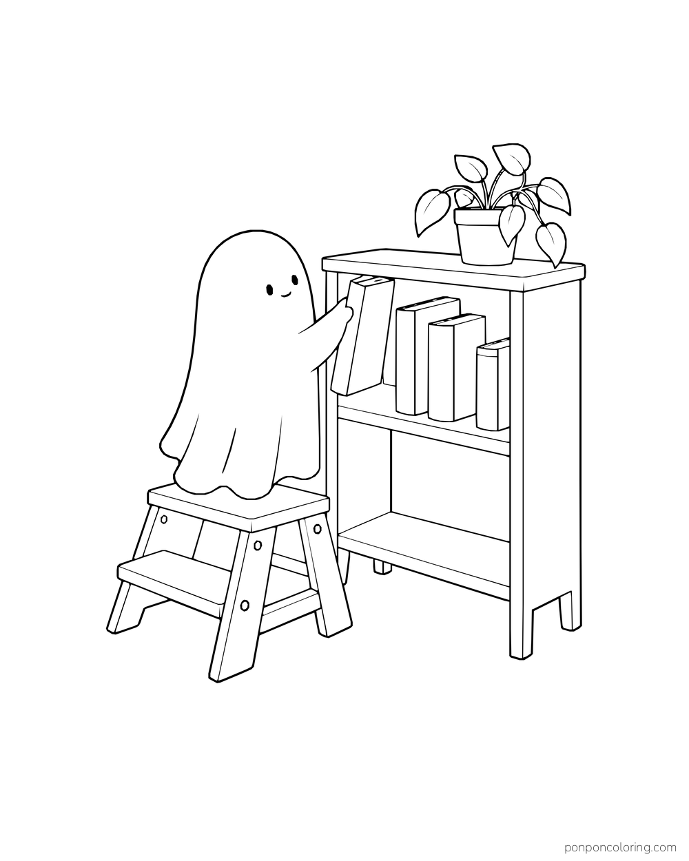 A ghost reaches toward books on a shelf while standing on a small step ladder.