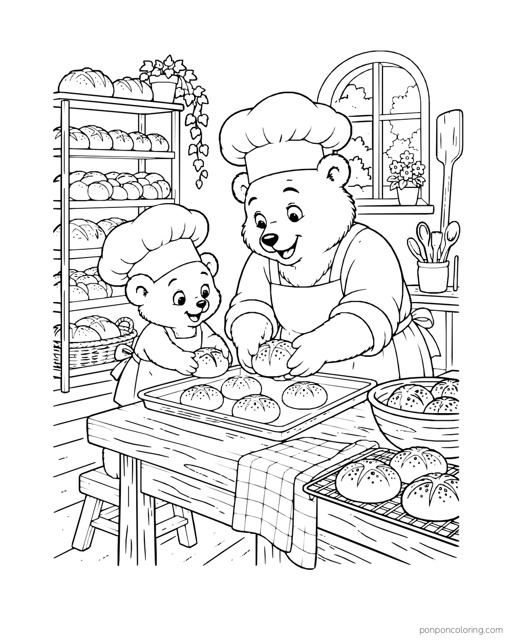 A bear cub in a chef hat helps an adult bear baker place buns on a tray.