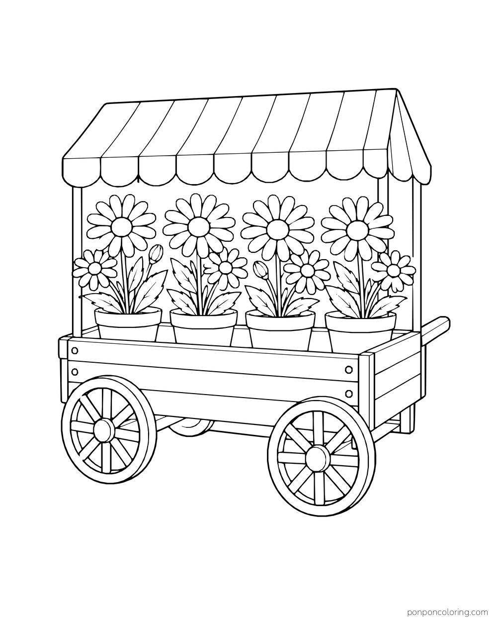 A striped-canopy flower cart carries four pots of daisies on two large wheels.