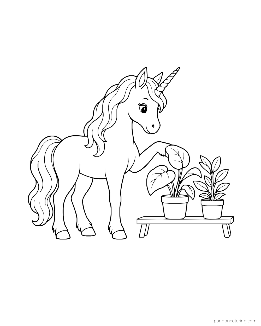 A unicorn reaches toward potted leaves arranged on a low garden shelf.