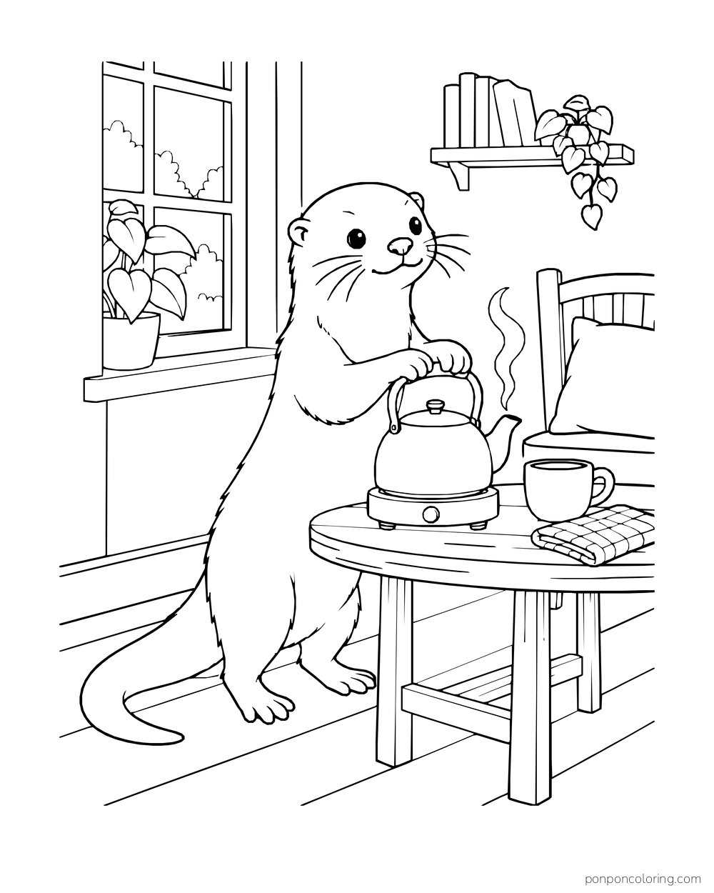 Otter holding a kettle beside a cup on a kitchen table near a window.