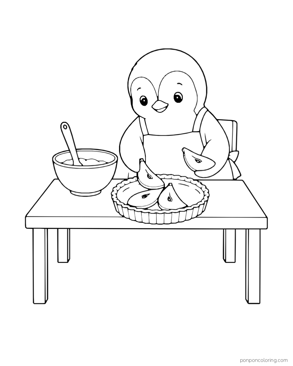 An apron-wearing penguin arranges pear slices on a tart beside a mixing bowl.