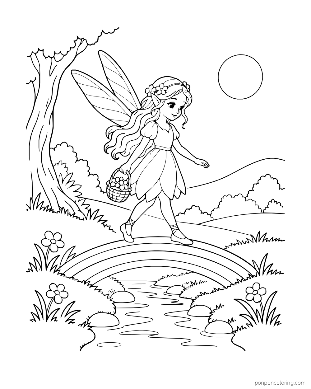 Fairy carrying a basket across a small arched bridge over a creek.