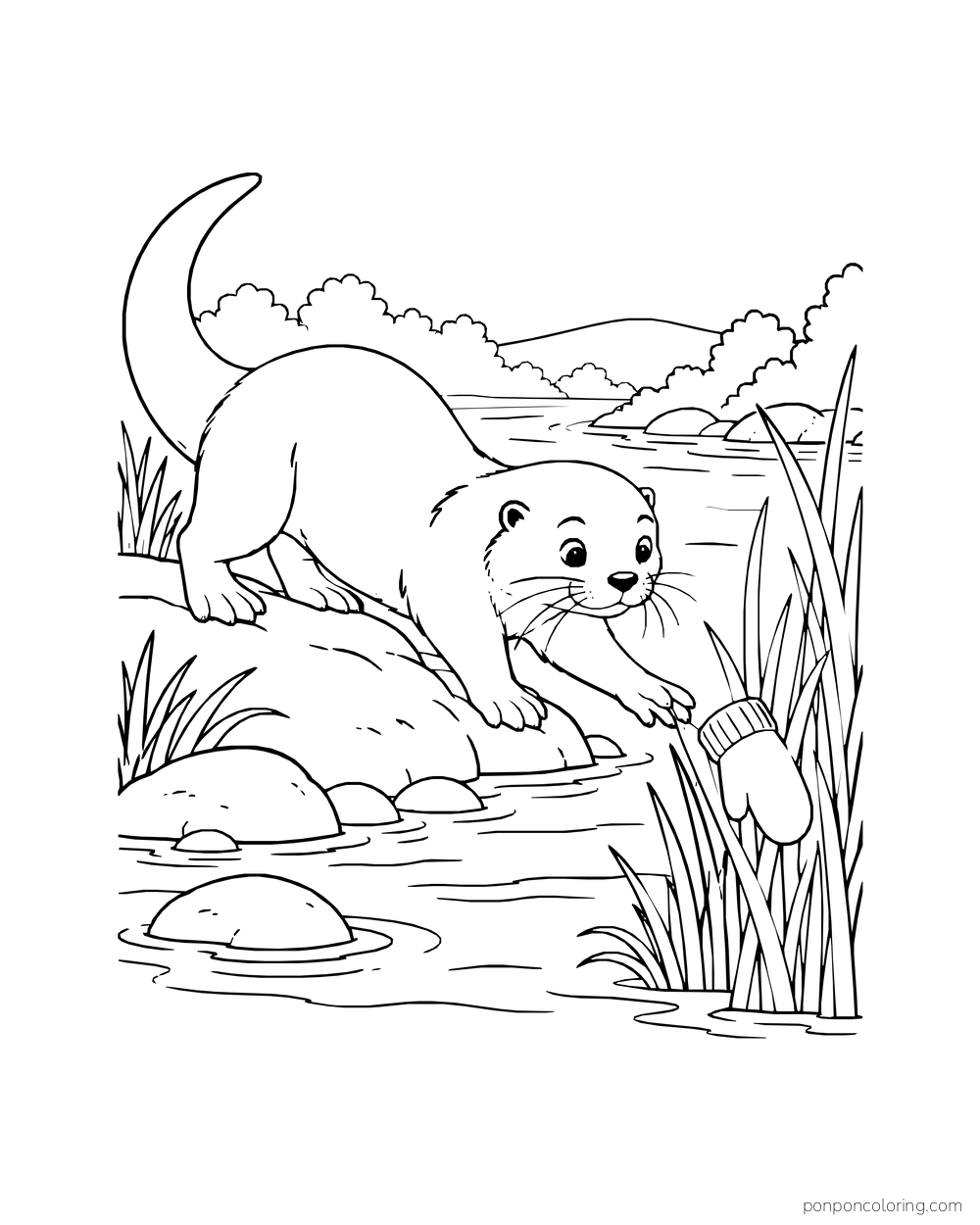 Otter reaching toward a mitten caught among reeds by a stream.