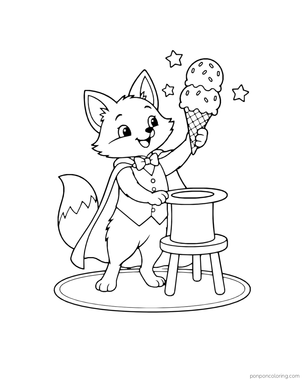 A fox magician lifts a large double-scoop cone from a top hat.