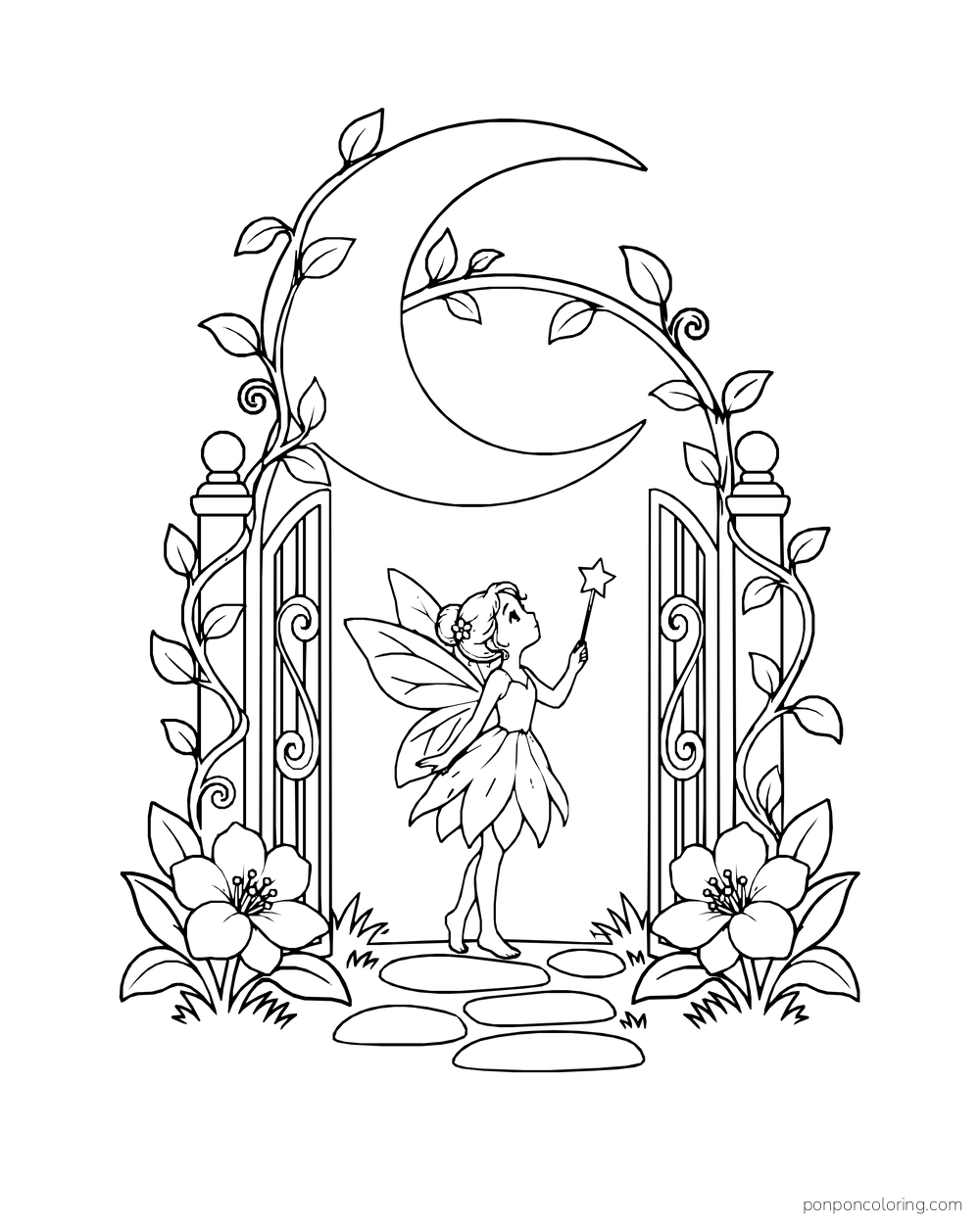 Fairy standing between small gates beneath a leafy crescent moon arch.