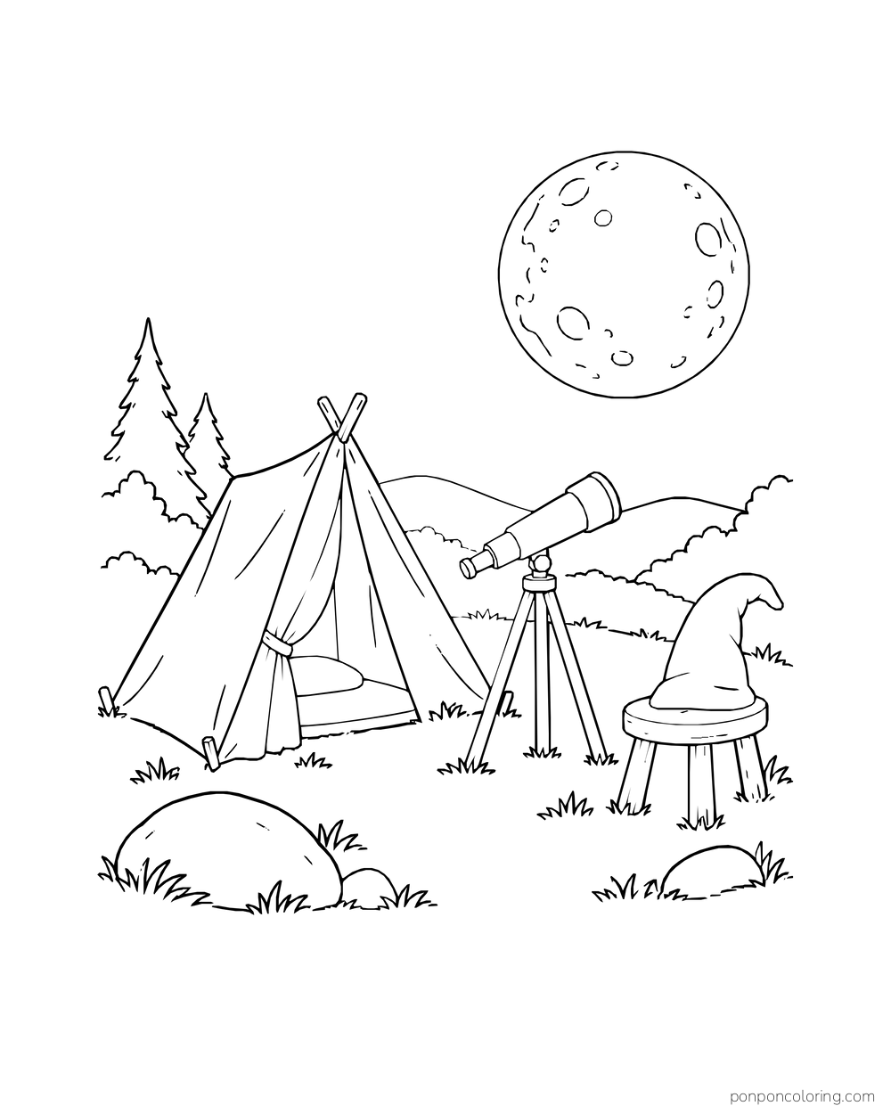 Canvas tent and telescope beneath a full moon, with a pointed gnome hat on a stool.