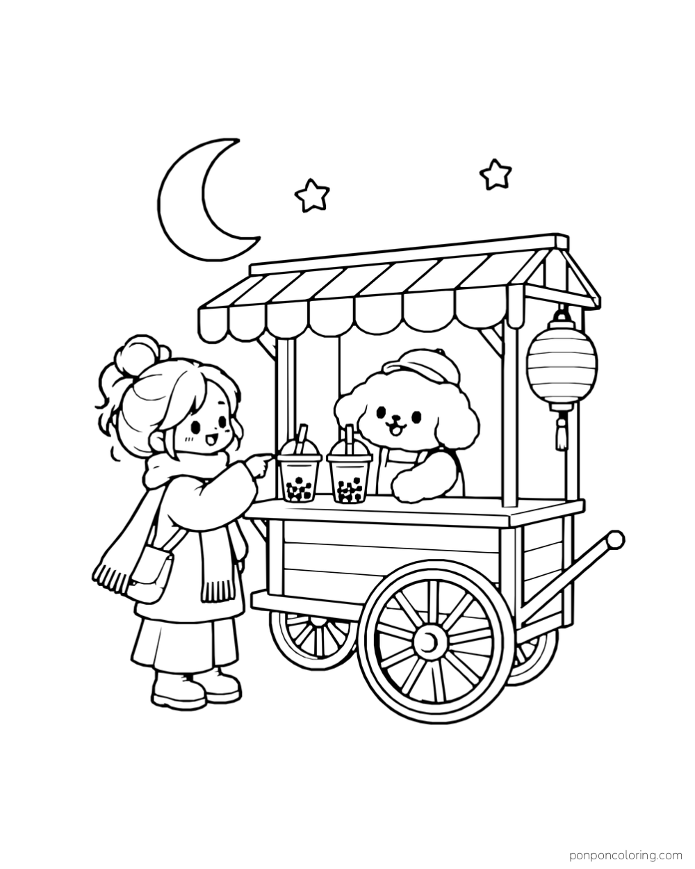 A person approaches a small boba cart under a crescent moon and stars.