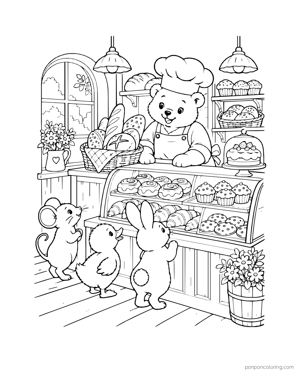 A mouse, duckling, and rabbit wait at a bakery counter while a bear baker serves them.