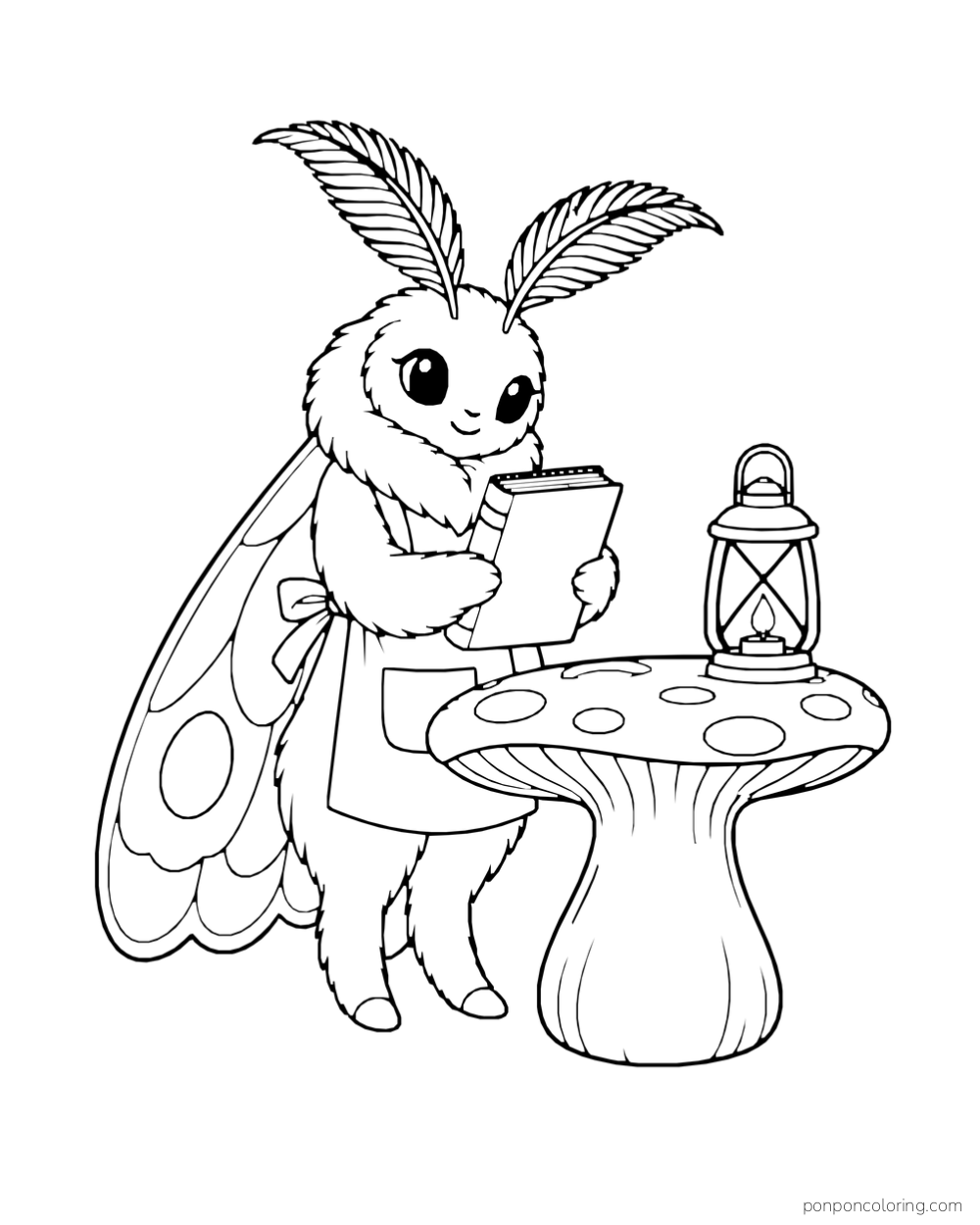 A moth holding a book beside a mushroom-shaped table and a lantern.