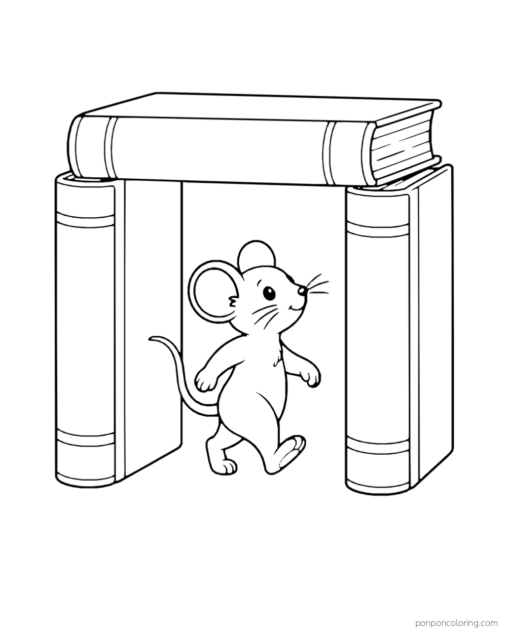 A mouse walking through an arch built from three oversized books.
