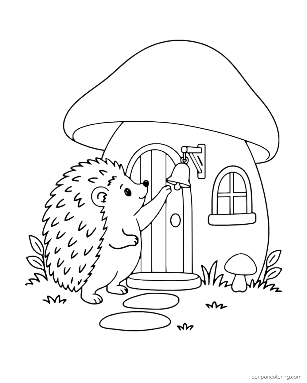 A hedgehog reaches for the bell beside a mushroom-house door.