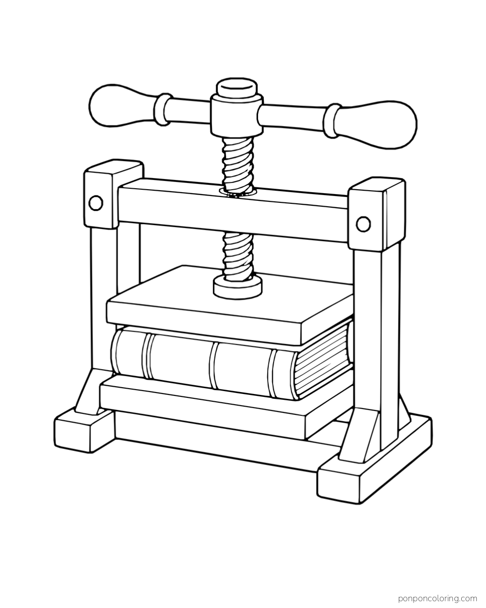 A screw book press holding a closed book between two boards.