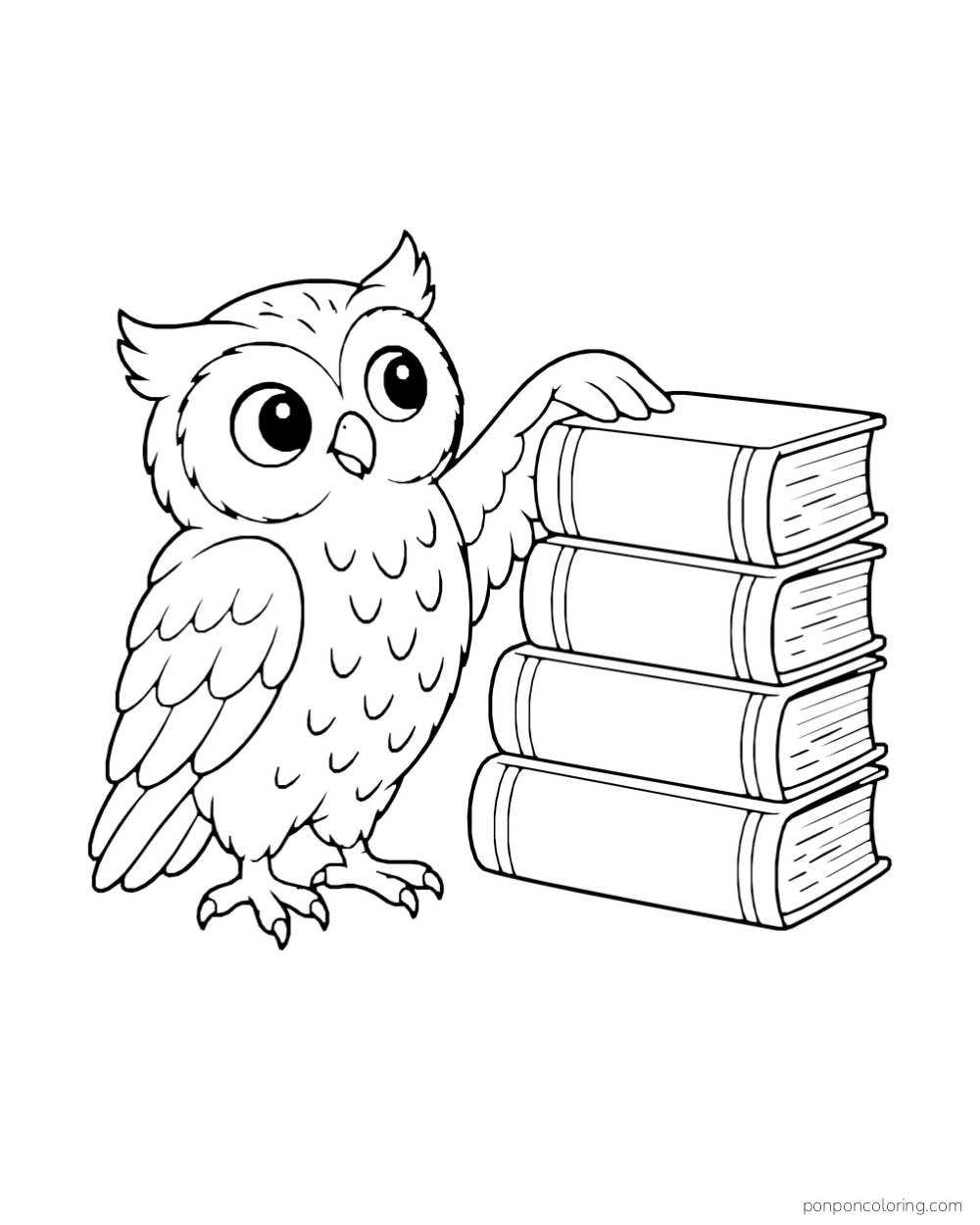 An owl reaching a wing toward the top of a four-book stack.