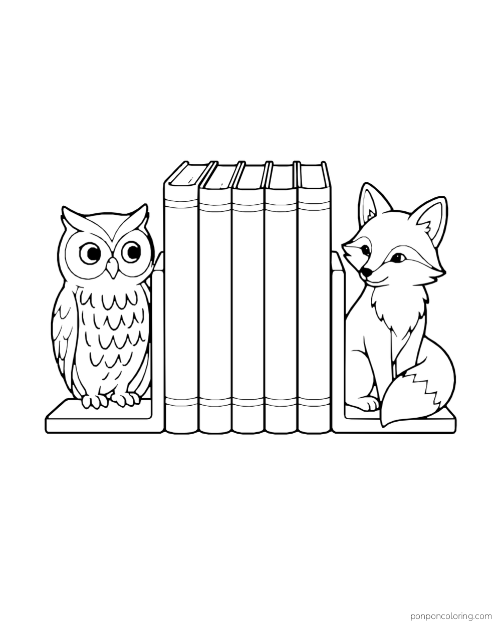Owl and fox bookends holding a row of upright books.