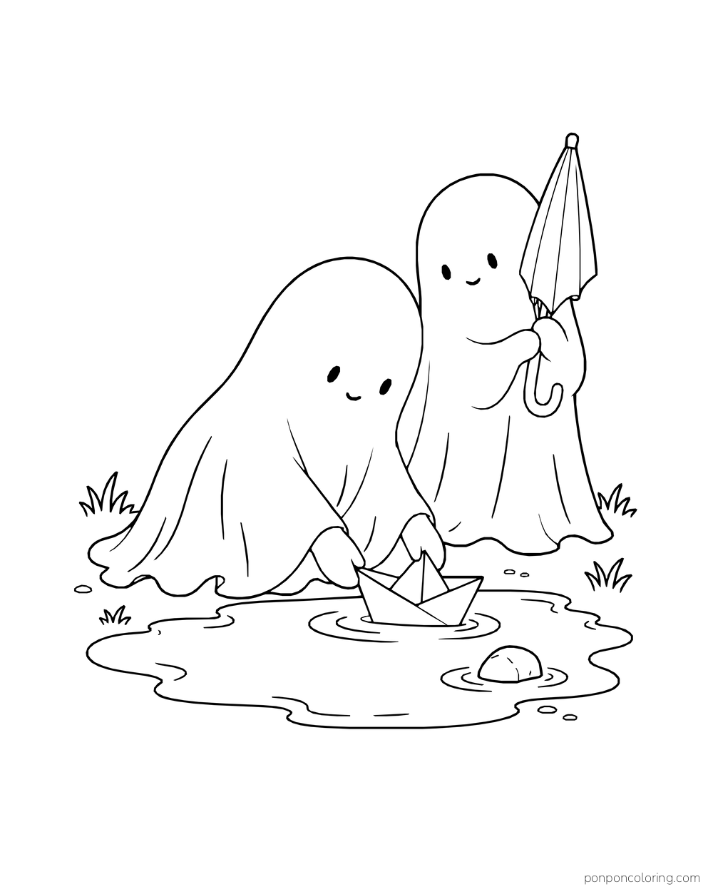 Two ghosts float a paper boat across a small pond.