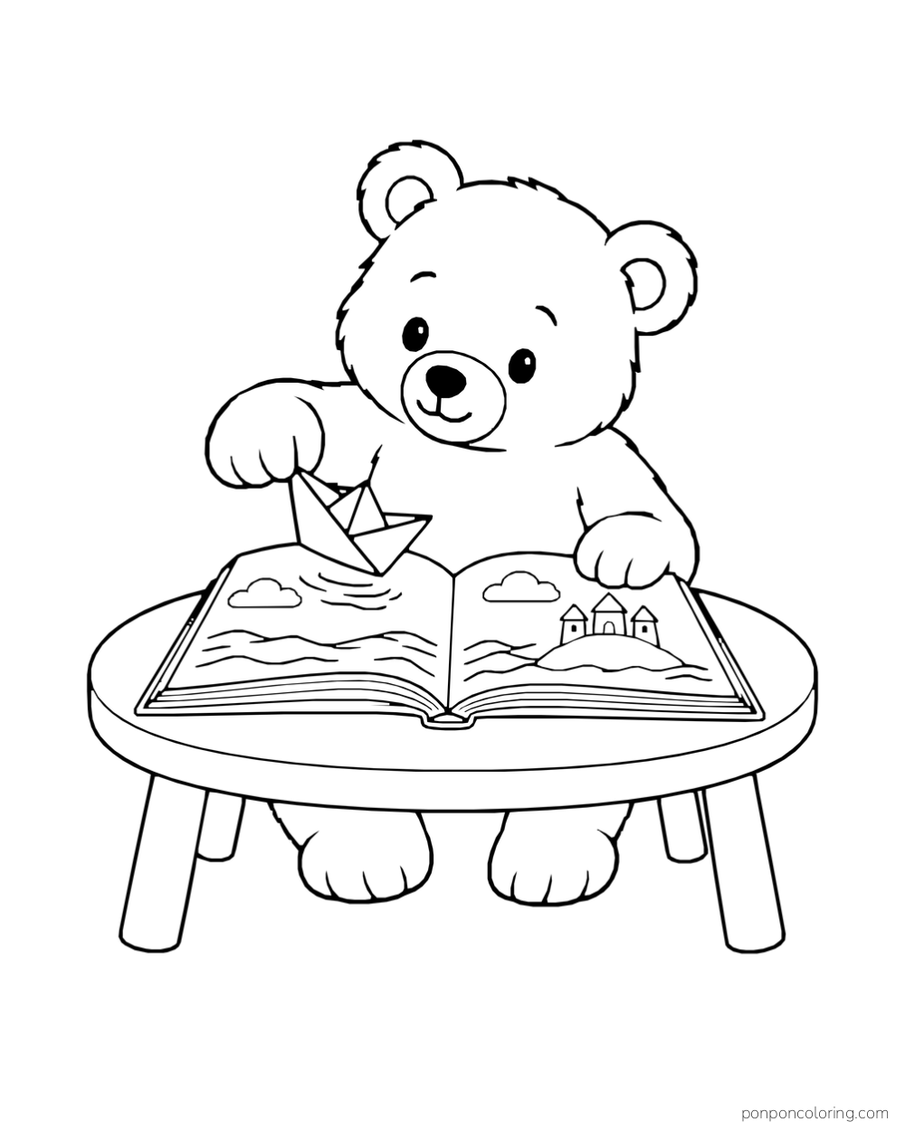 A bear lifting a paper boat from an open picture book on a low table.