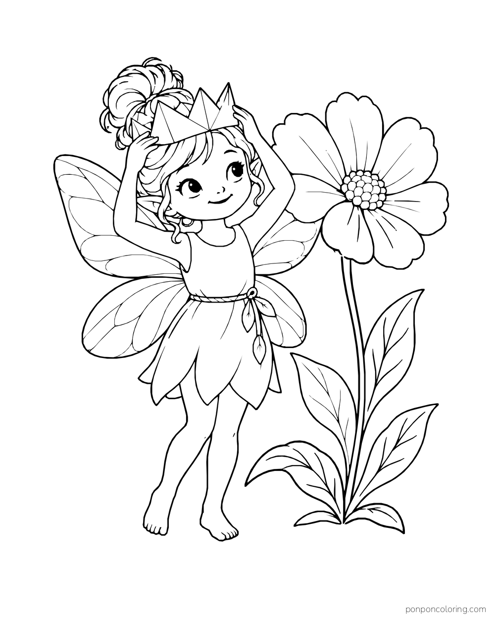 Small fairy trying on a folded paper crown beside a tall flower.