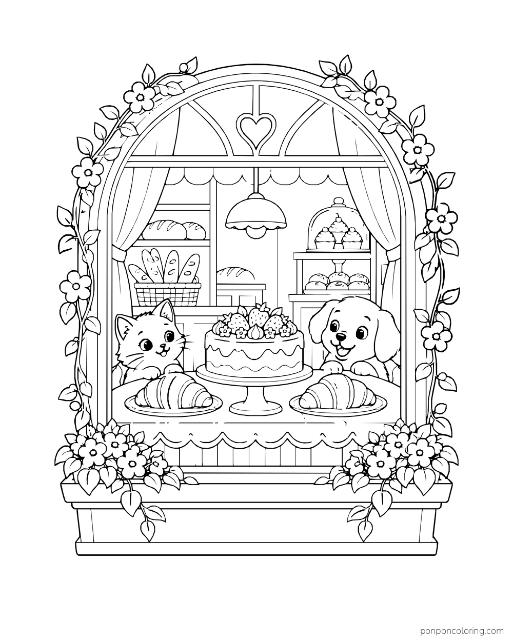 A flower-trimmed arched bakery window frames a cake, croissants, a kitten, and a puppy.