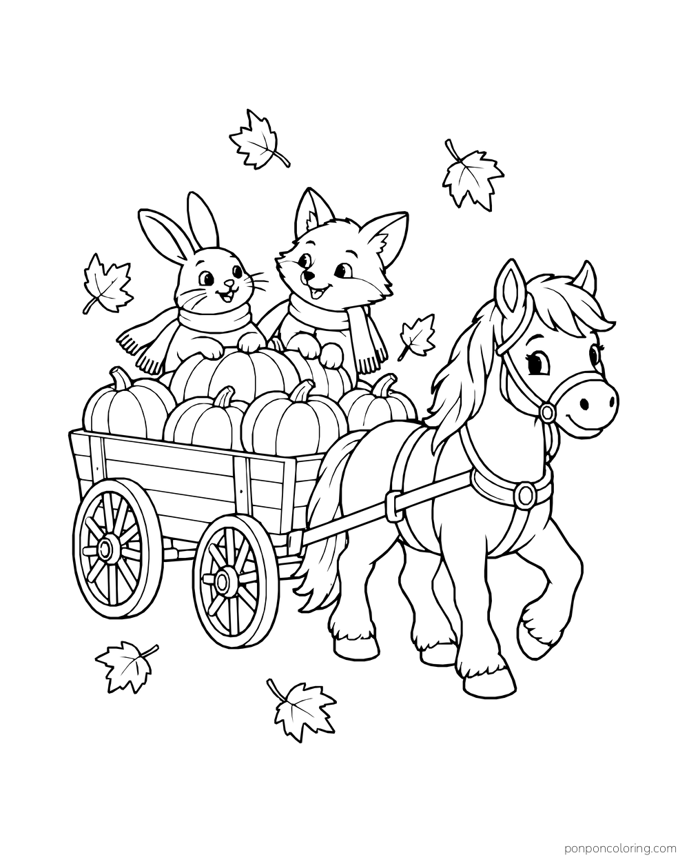 A pony pulls a pumpkin wagon carrying a fox and rabbit through falling leaves.