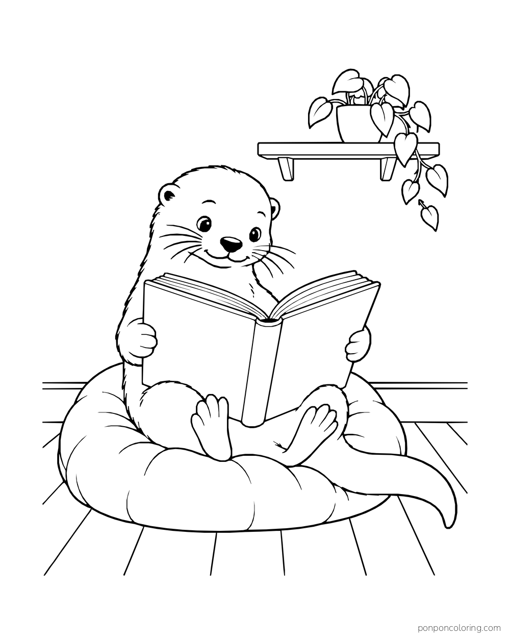 Otter reading a wide open book while sitting on a floor cushion.