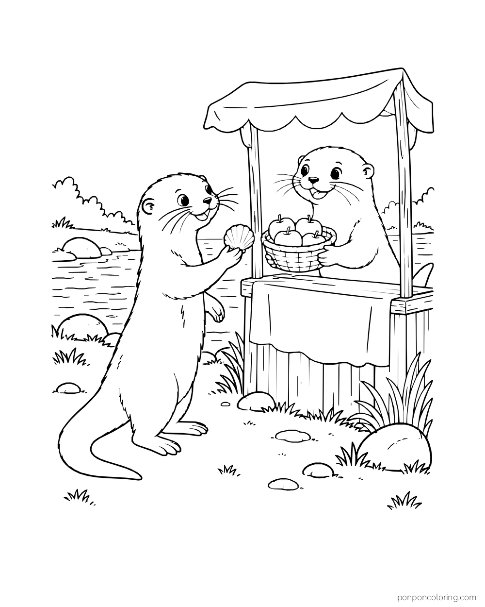Otter trading a shell for a fruit basket at a small riverside stall.