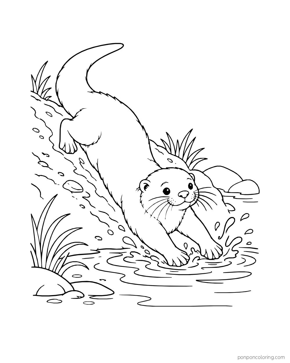 Otter sliding down a muddy bank toward a splash in a river pool.