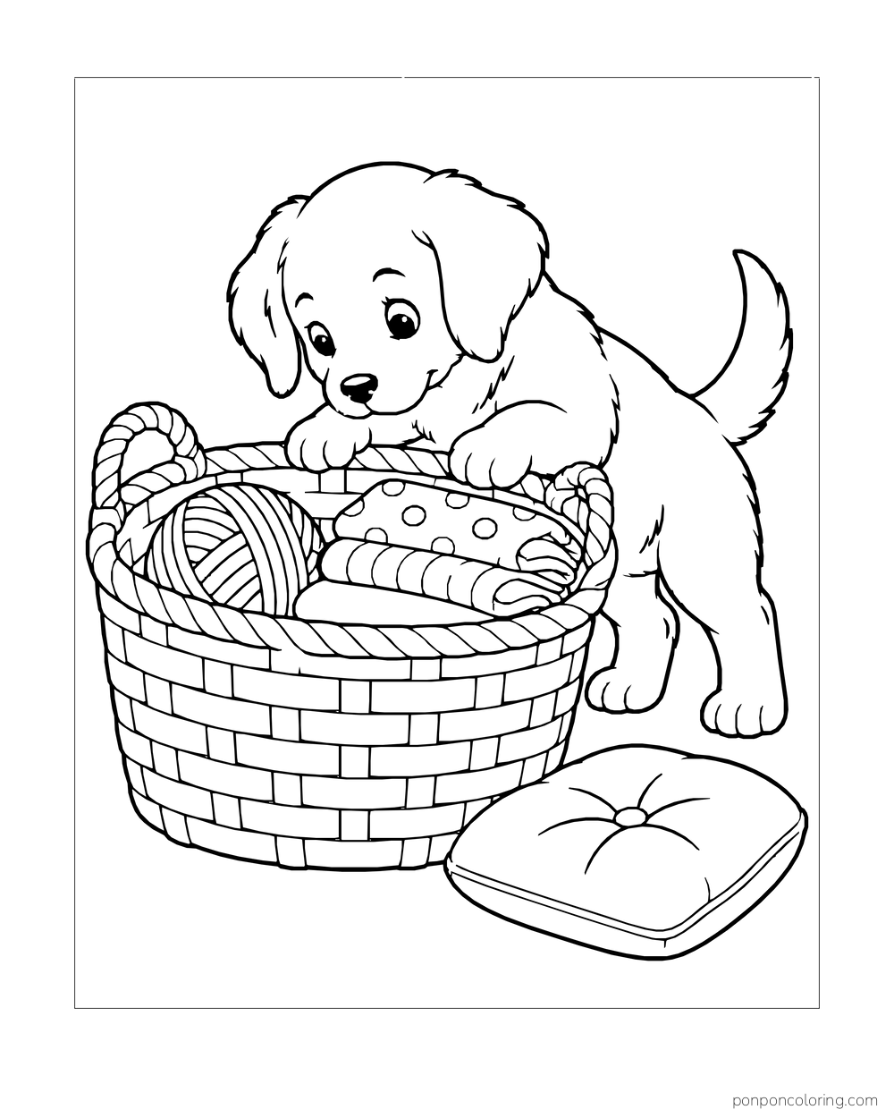 A puppy peers into a woven sewing basket full of fabric and yarn beside a cushion.