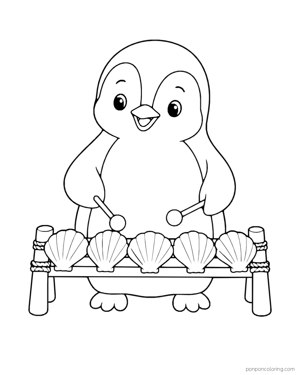A penguin holds two mallets above a row of five large shells.