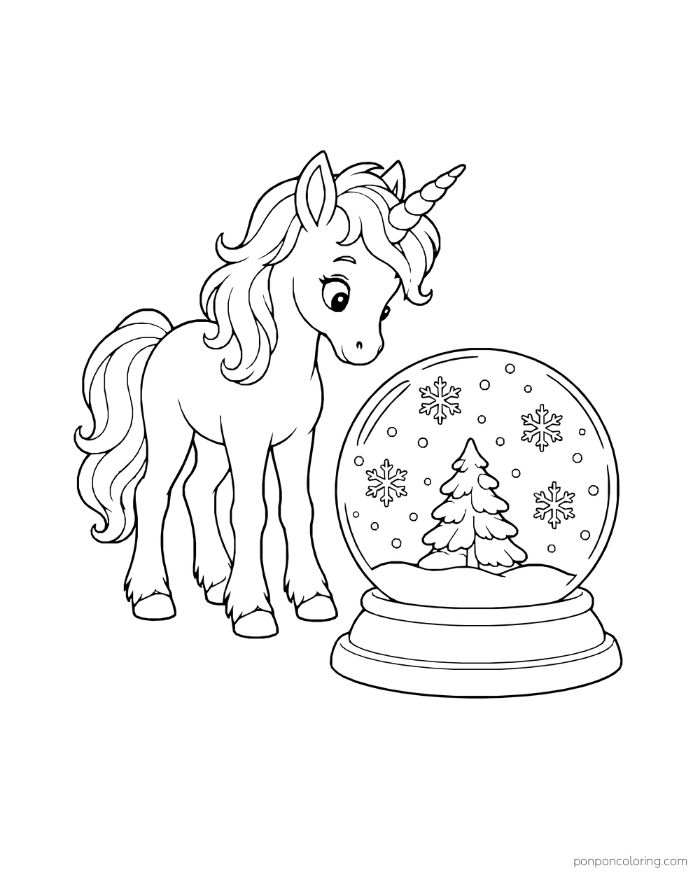 A unicorn foal looks at a snow globe holding a little fir tree.