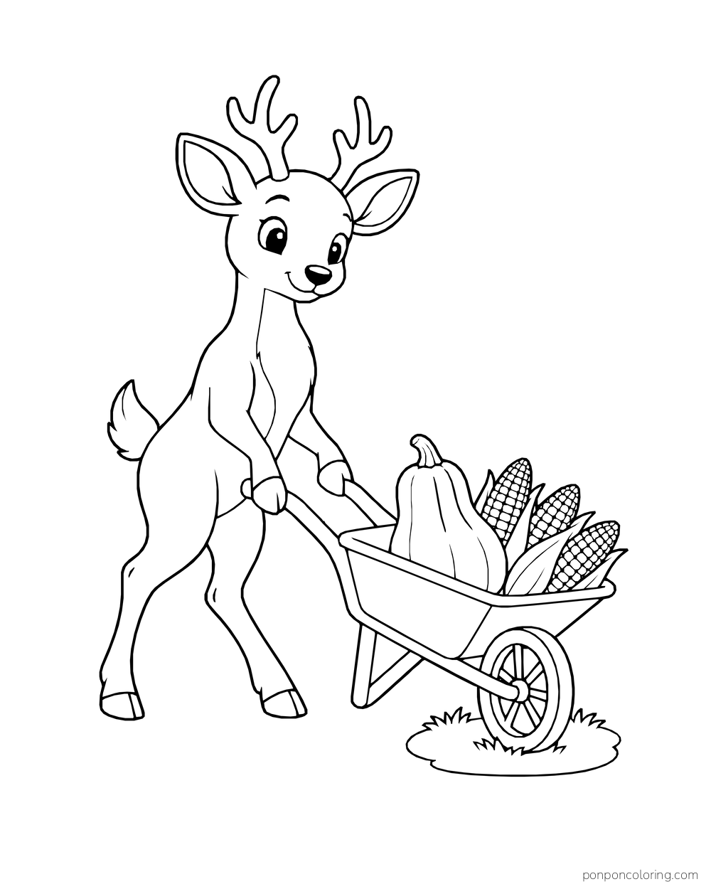 A deer pushes a wheelbarrow holding squash and ears of corn.