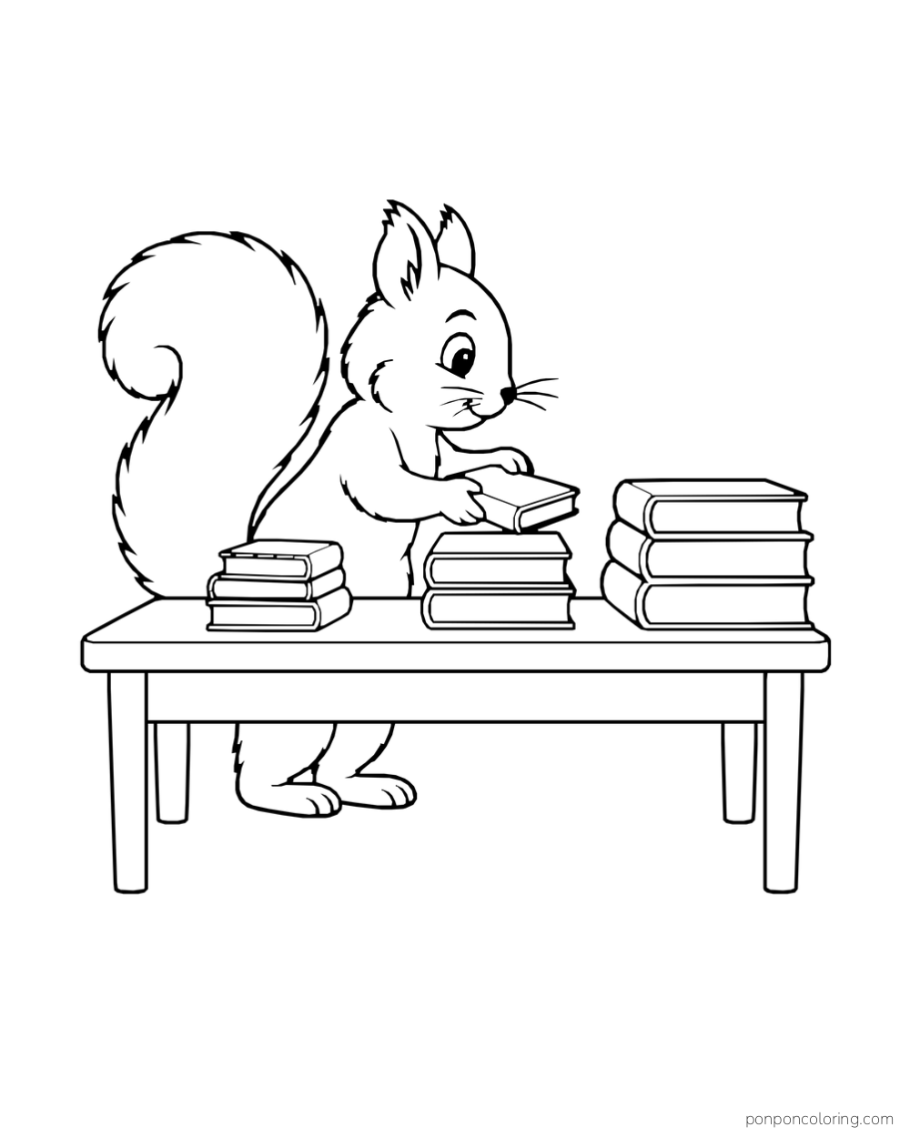 A squirrel arranging short piles of books on a table.