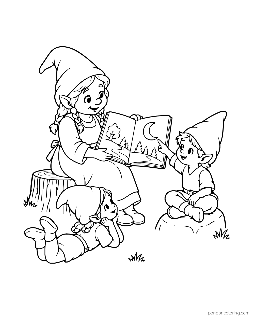 Older gnome reading a picture book with a crescent moon scene to two younger gnomes outdoors.