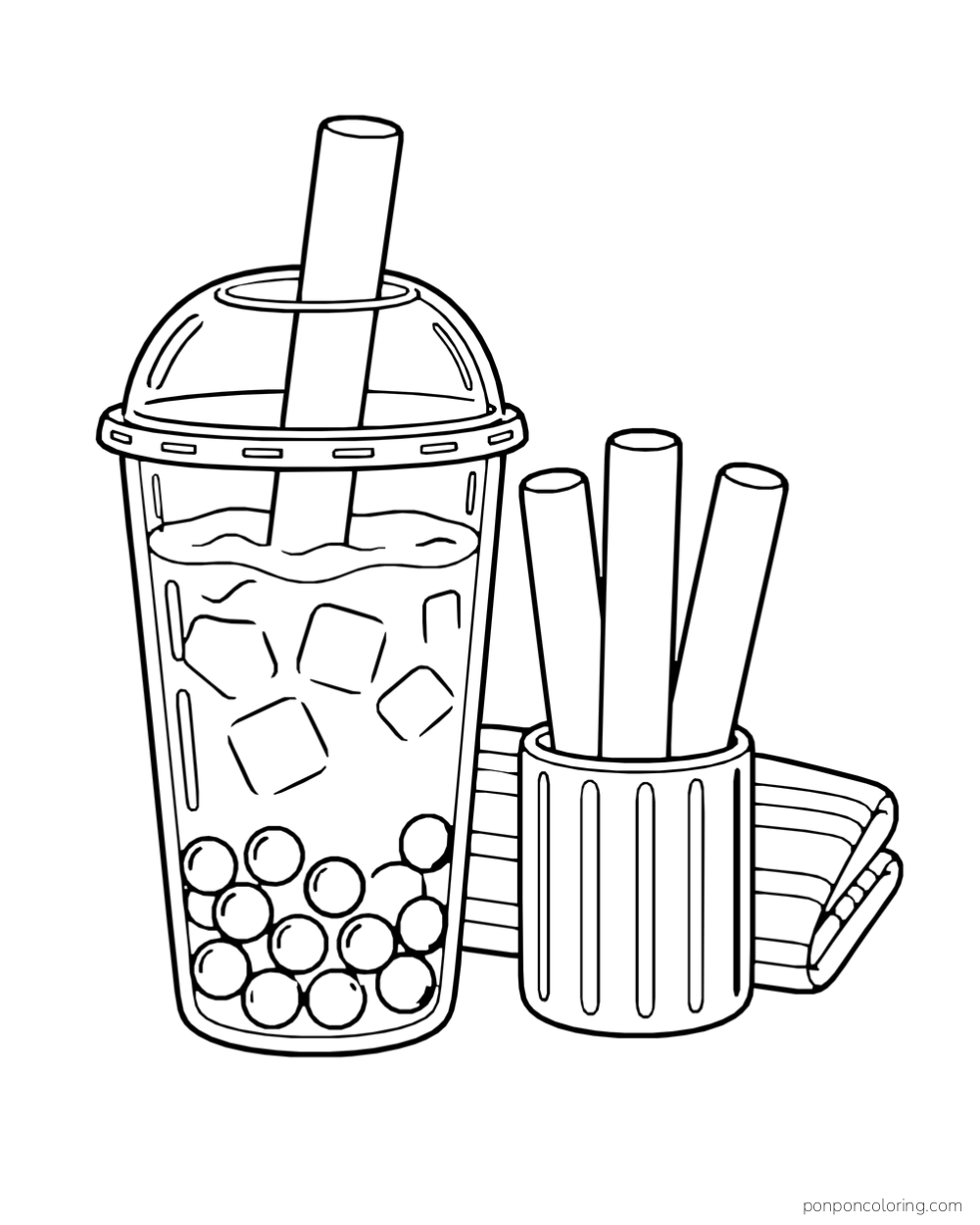 A boba cup with ice and pearls stands by a holder of wide straws and a folded cloth.