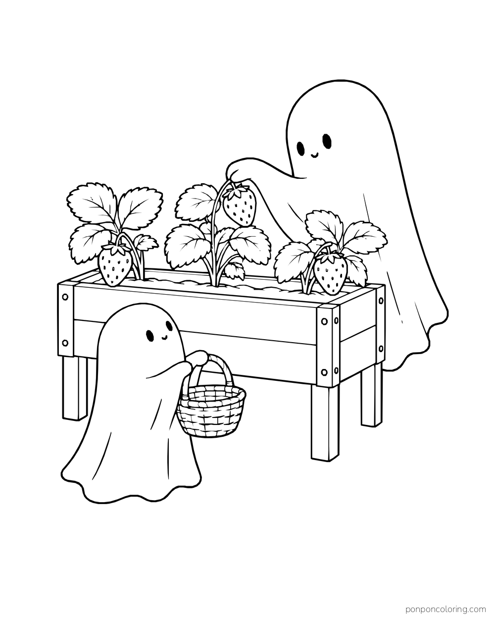 A tall ghost tends a raised strawberry bed while a little ghost carries a basket.