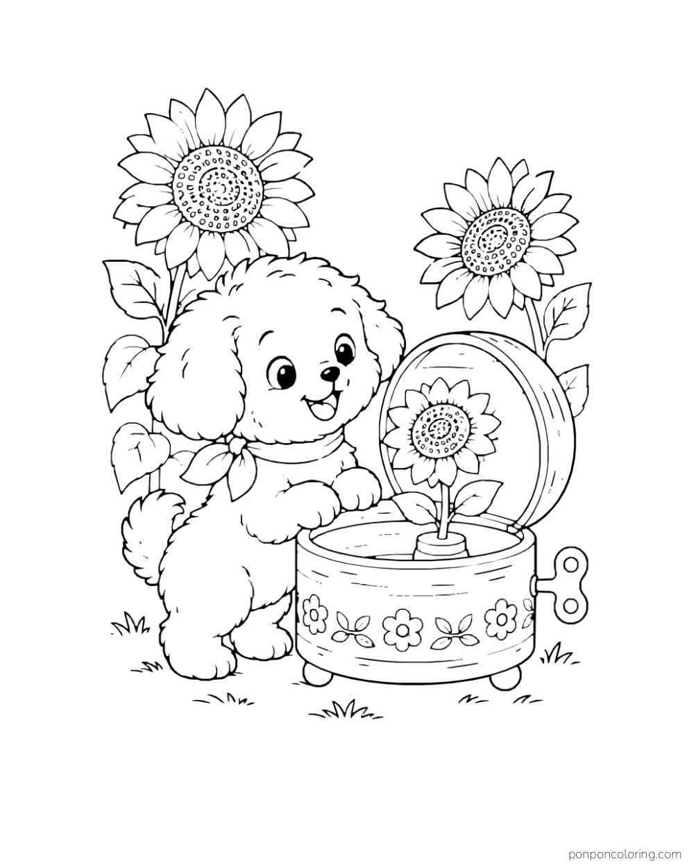 A puppy opens a music box with a sunflower inside.