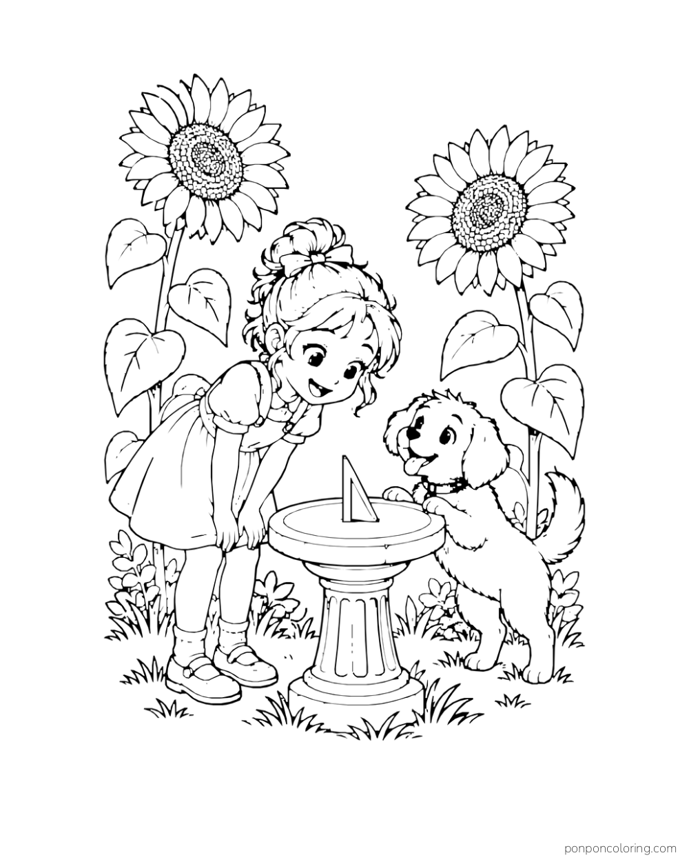 A girl and a puppy look at a sundial between tall sunflowers.
