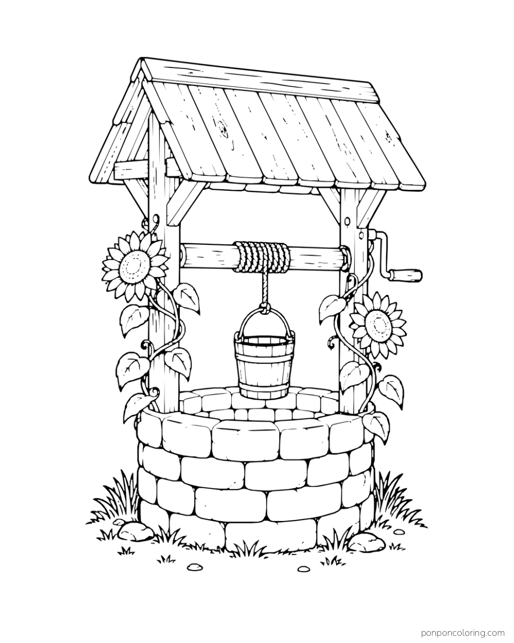 Sunflowers stand beside a stone wishing well with a wooden roof and a bucket.