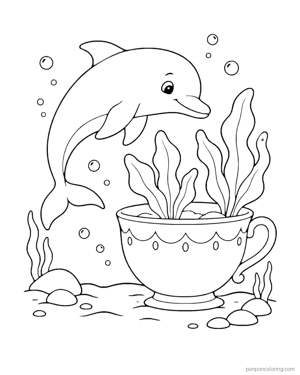 A dolphin swims over a sunken teacup filled with seaweed.