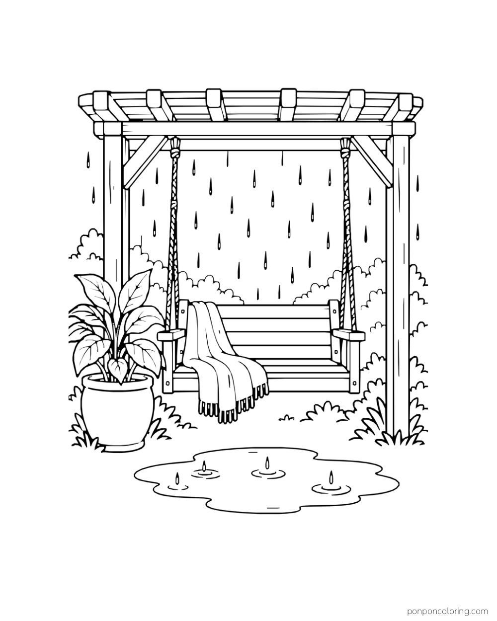 An unoccupied wooden swing with a blanket hangs beneath a pergola in the rain.