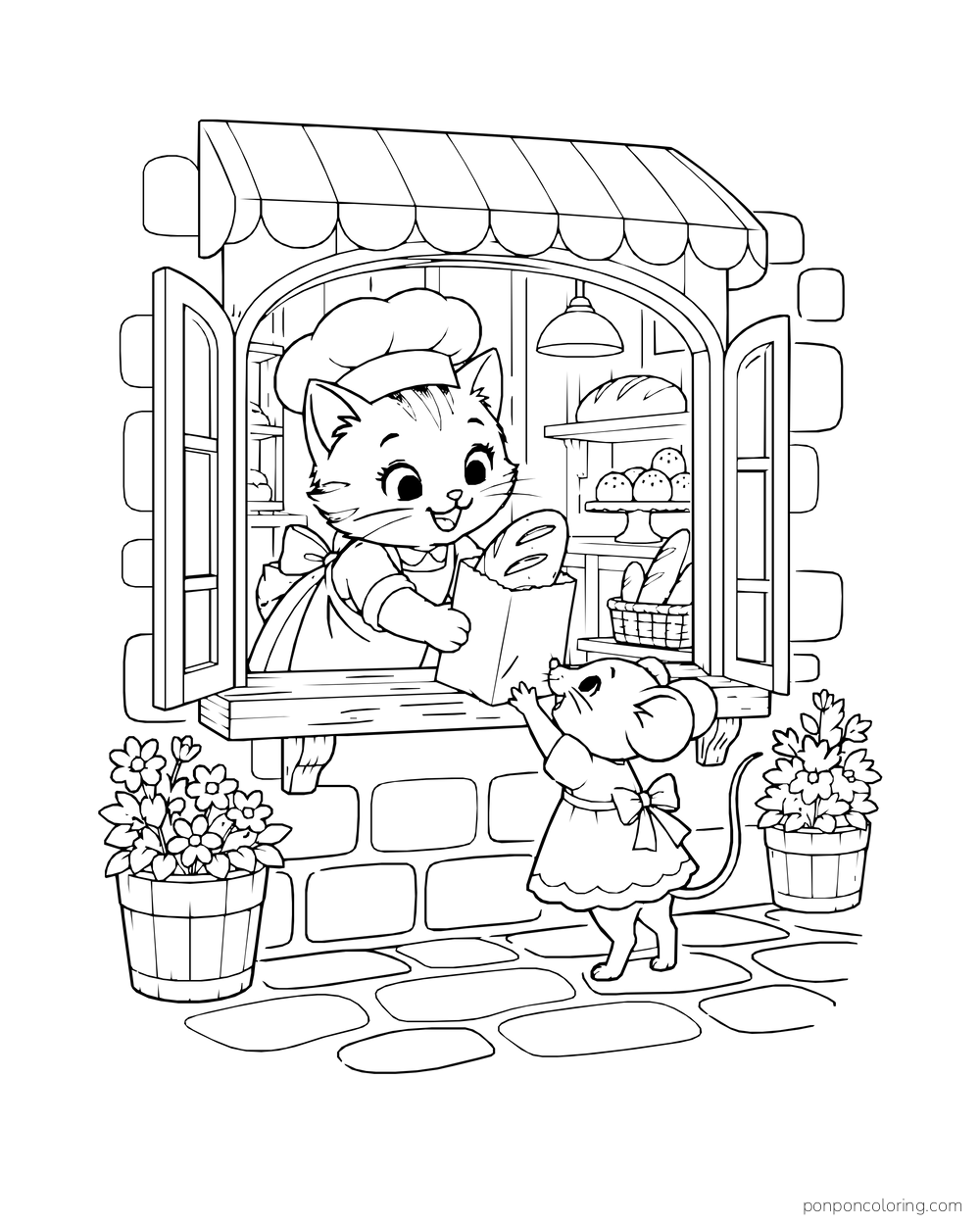 A kitten baker hands a bagged loaf through a small takeout window to a mouse.