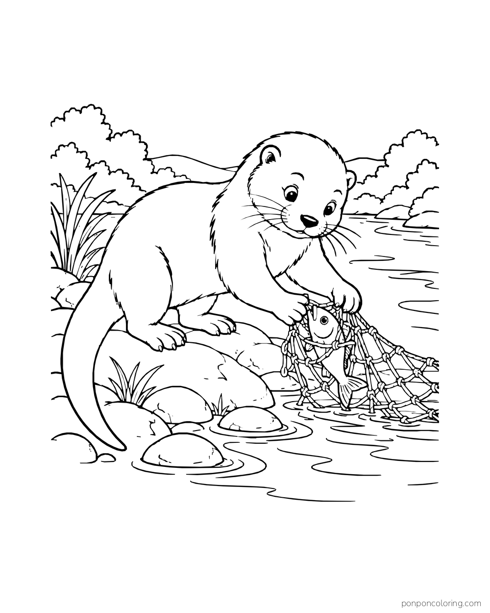 Otter lifting a loose net around a small fish at the river's edge.